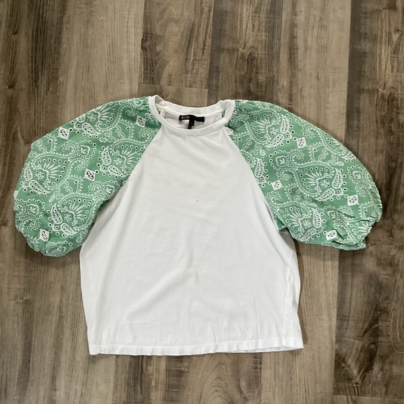 Maje Women's Taberie Lace Puff Sleeve Crew Neck Top Blouse 1/Small White Green - Picture 3 of 6